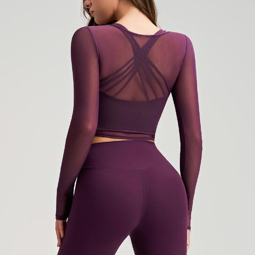 跃牌【安琪拉系列】新款网纱罩衫健身运动镂空运动上衣女长袖健身T恤跑步训练瑜伽服E6-017 商品图3