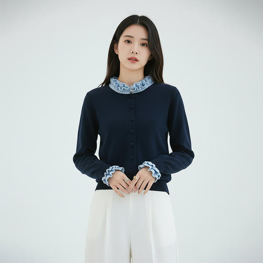 茧墨 雅致减龄木耳边撞色针织开衫 商品图5