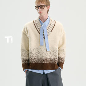 TIWILLTANG启世录“炙御棂耀” 渐变重磅羊毛针织撞色V领廓形毛衣