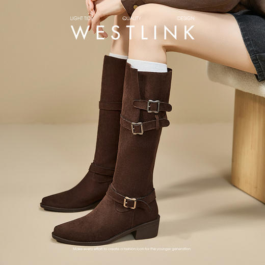 西遇西部牛仔堆堆靴女新款秋冬美拉德绒面尖头不过膝长筒靴V2357300 商品图1