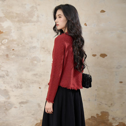 奢姿大码女装2025秋季粗花毛边V领针织衫胖妹妹min立体装饰上衣9853691001 商品图3