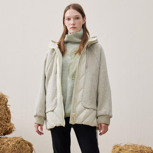 谜底连帽毛毛外套2025年冬季新品羊毛拼接廓形羽绒服女254MY1473 商品图0