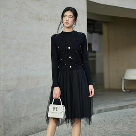 奢姿大码女装2025秋季珍珠针织背心网纱连衣裙两件套胖妹妹套装9854953816AB