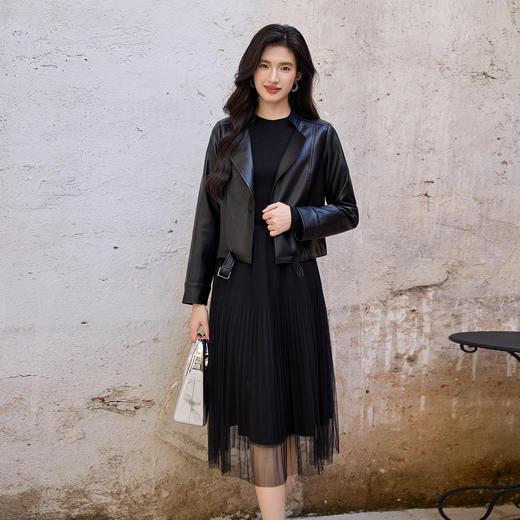 奢姿大码女装2025秋季时尚翻领皮衣胖妹妹个性简约百搭短款外套9953370352 商品图4