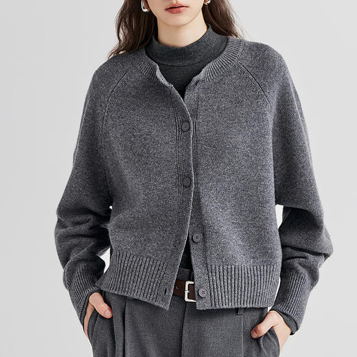 棉仓366605009-圆领短款全羊毛开衫毛衣女25秋冬厚款微宽松开衫外套针织上衣 商品图1