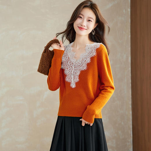 蕾丝拼接v领羊毛针织衫，高级感气质毛衣时尚百搭打底小衫CC-XFY-3202 商品图1