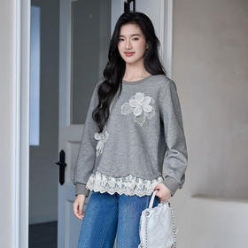 奢姿大码女装2025秋季胖妹妹时尚减龄蕾丝拼接设计花朵装饰上衣9953135230