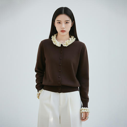 茧墨 雅致减龄木耳边撞色针织开衫 商品图7