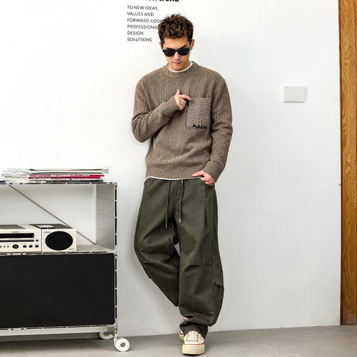 徐太浪【羊毛混纺 拼接口袋】咖色大码毛衣男秋冬内搭打底针织衫 商品图3