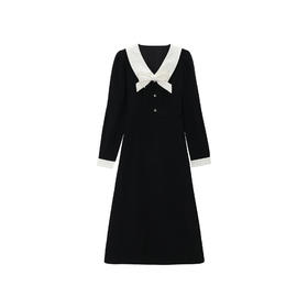 【6折秒杀】鹿向南「气质攻略」撞色长袖连衣裙女早秋新款高腰设计感黑色长裙QJD00607