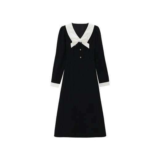 【6折秒杀】鹿向南「气质攻略」撞色长袖连衣裙女早秋新款高腰设计感黑色长裙QJD00607 商品图0