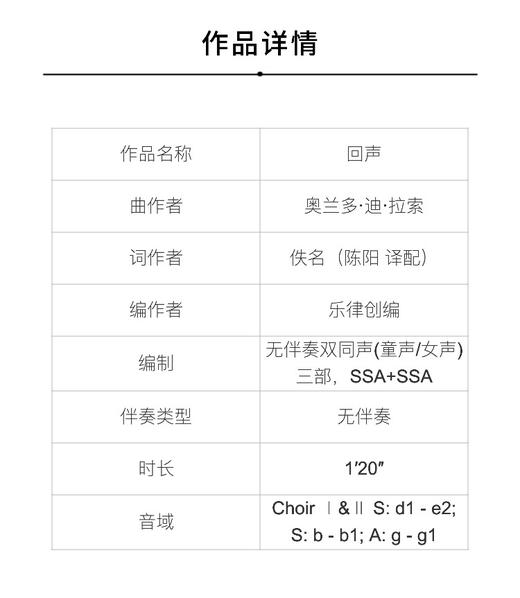 回声（奥兰多·迪·拉索 曲）无伴奏双SSA合唱 正版合唱乐谱「本作品已支持自助发谱 首次下单请注册会员 详询客服」 商品图1