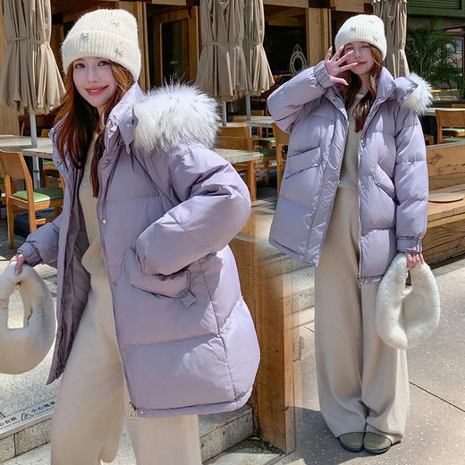 奢姿2025冬季大码女装胖妹妹气质可卸毛领连帽设计中长款羽绒服7354300233 商品图3