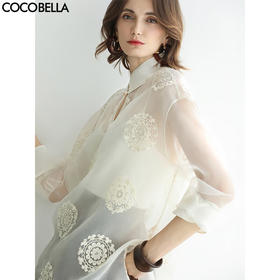 COCOBELLA新中式白色绣花衬衫女国风立领微透内搭上衣SR3228