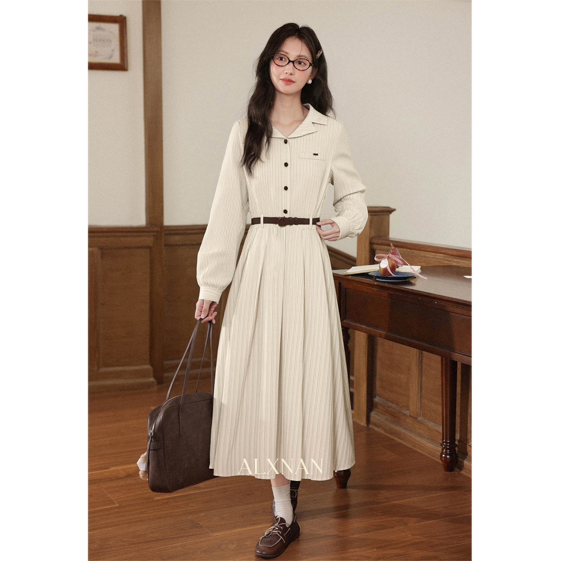 鹿向南【素韵知仪】法式条纹温柔风连衣裙女秋季收腰显瘦A字长裙QJD00614