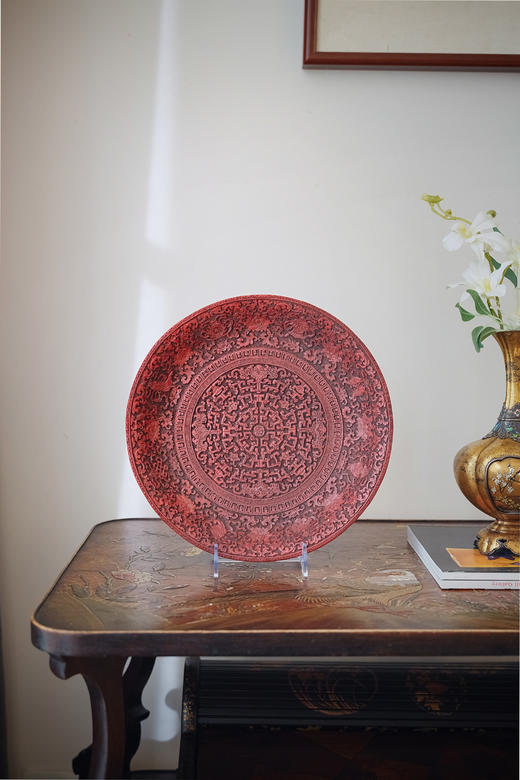 独角鹿西洋古董19世纪中国出品木胎剔红缠枝花叶及福寿云纹大盘 商品图3