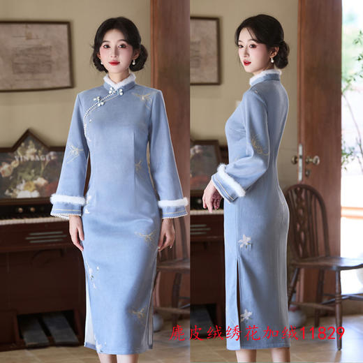 麂皮绒绣花加绒长袖旗袍2025冬季新款时尚改良年轻少女日常款旗袍11829 商品图1