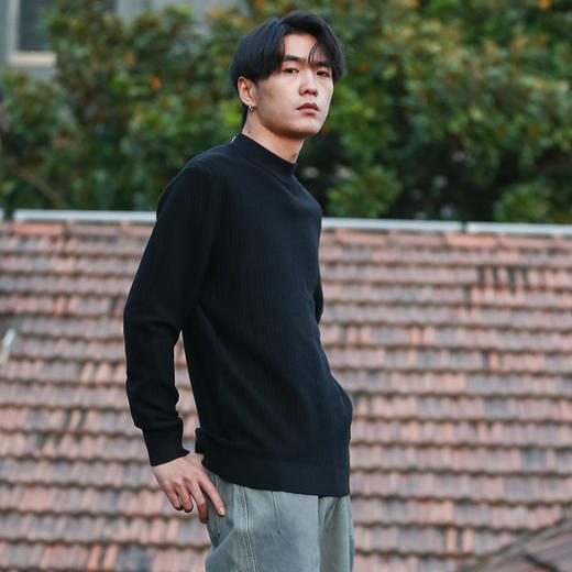 DRONKOO 2025 中领左下皮标不规则方格竖线提花厚毛衣 商品图2