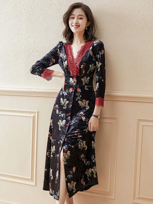 「断码清仓」轻奢金丝绒蕾丝拼接碎花连衣裙L码 ZFYY079 商品图1