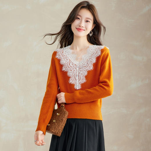 蕾丝拼接v领羊毛针织衫，高级感气质毛衣时尚百搭打底小衫CC-XFY-3202 商品图3