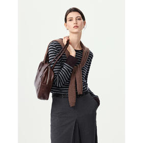 棉仓366601014-黑灰条纹羊毛长袖针织衫25秋冬撞色拼接正肩直筒T恤上衣