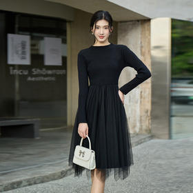 奢姿大码女装2025秋季气质网纱拼接针织连衣裙胖妹妹圆领简约裙子