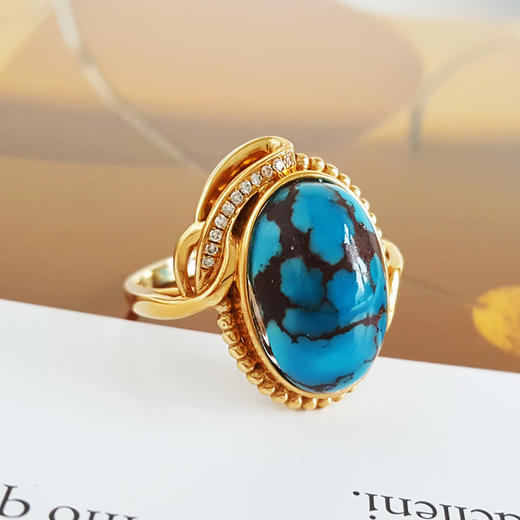 【天然正品】AU750黄金镶钻镶天然原矿高瓷高蓝铁线绿松石戒指14号（戒圈可改）女士271025NJM05 商品图2