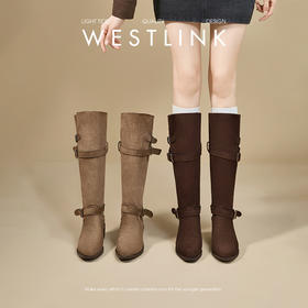 西遇西部牛仔堆堆靴女新款秋冬美拉德绒面尖头不过膝长筒靴V2357300