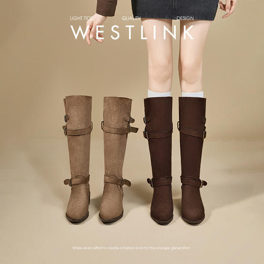 西遇西部牛仔堆堆靴女新款秋冬美拉德绒面尖头不过膝长筒靴V2357300 商品图0
