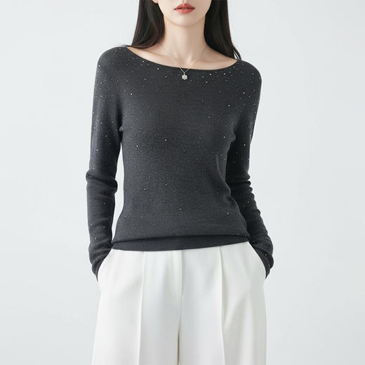Grace&Glam 一线成衣满钻一字领精纺羊毛衫 商品图5