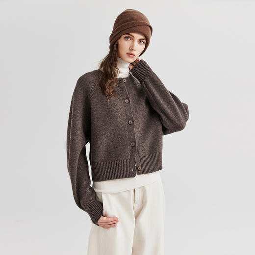 棉仓366605009-圆领短款全羊毛开衫毛衣女25秋冬厚款微宽松开衫外套针织上衣 商品图0