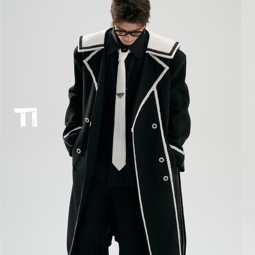 启世录TIWILLTANG“舷舢秩海”海军领拉链大衣冬长款收腰毛呢外套 商品图1