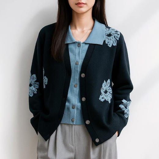 茧墨 雅致撞色印花减龄假两件针织毛衣开衫 商品图7