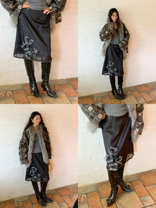 素舶 重工立体花朵装饰双层纱轻盈层次感A字半身裙纱裙 商品图3