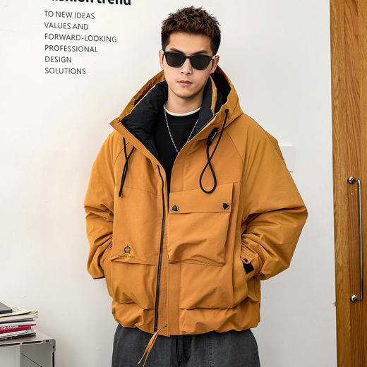徐太浪【芒果黄 工装口袋】抽绳连帽羽绒服男冬季防风防寒服外套 商品图2