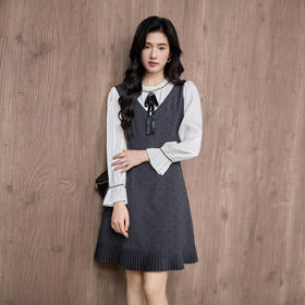 奢姿大码女装2025秋季胖妹妹时尚波点撞色拼接设计百褶裙摆连衣裙9953853702