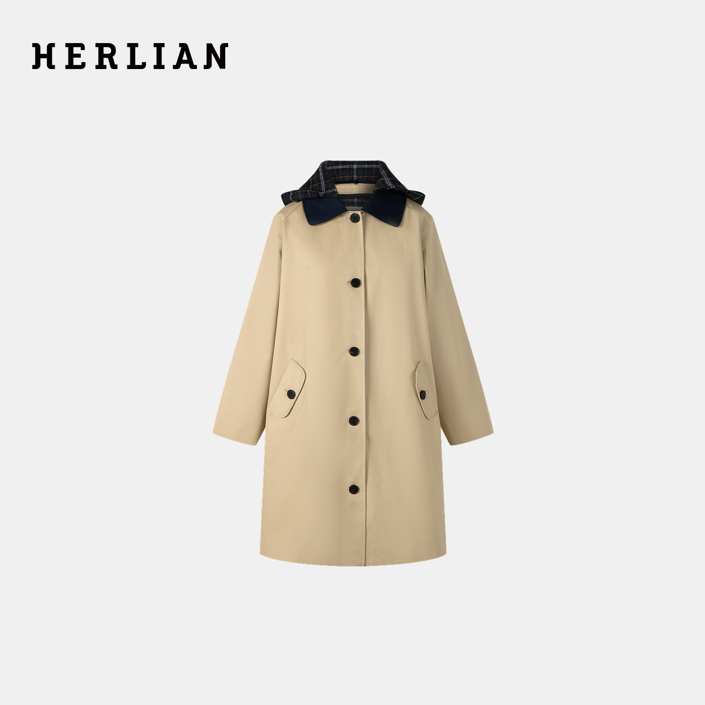 HERLIAN 2025冬季新品 格纹可拆卸内胆连帽长款风衣女