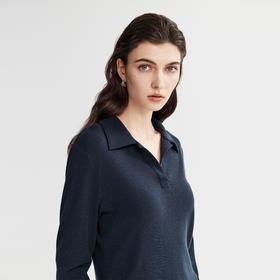 棉仓366601017-polo领半开襟长袖T恤女25秋冬含羊毛弹力修身翻领针织上衣