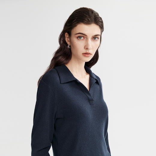 棉仓366601017-polo领半开襟长袖T恤女25秋冬含羊毛弹力修身翻领针织上衣 商品图0