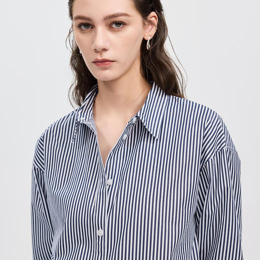 棉仓366604031-蓝色条纹长袖衬衫女25秋冬色织纯棉叠穿衬衣宽松及简通勤 商品图2