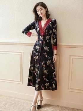 「断码清仓」轻奢金丝绒蕾丝拼接碎花连衣裙L码 ZFYY079