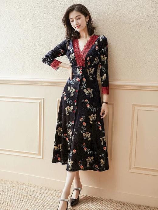 「断码清仓」轻奢金丝绒蕾丝拼接碎花连衣裙L码 ZFYY079 商品图0