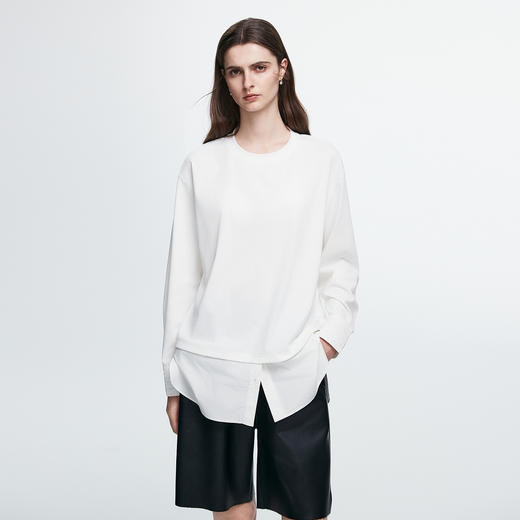 棉仓366601013-【叠穿神器】圆领衬衫拼接假两件T恤女 25秋宽松落肩解构上衣 商品图0