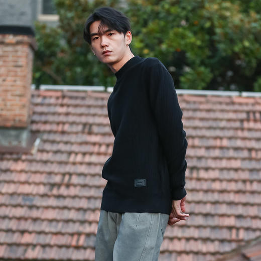 DRONKOO 2025 中领左下皮标不规则方格竖线提花厚毛衣 商品图3