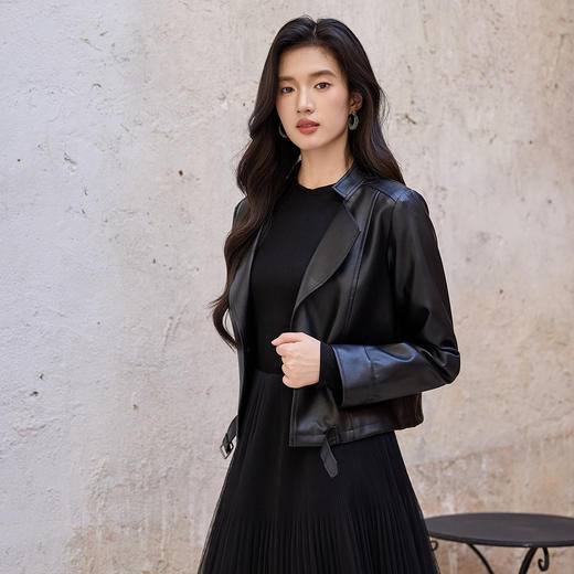 奢姿大码女装2025秋季时尚翻领皮衣胖妹妹个性简约百搭短款外套9953370352 商品图1