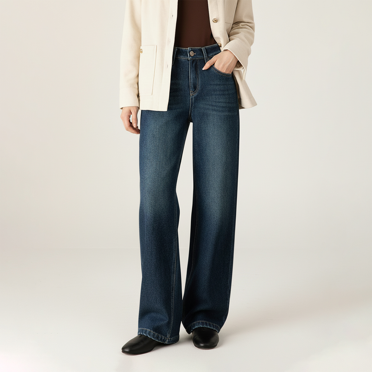 Grace&Glam 经典牛仔秋冬加绒窄版显瘦阔腿裤