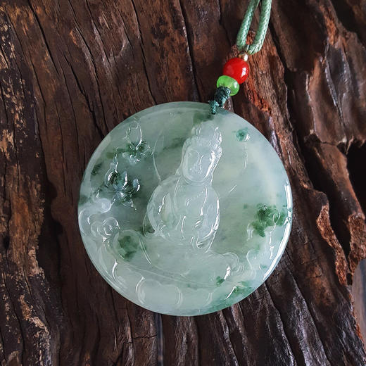 【天然正品】A货翡翠天然细腻糯冰种飘蓝花观音坐莲（平安安乐）平安无事牌翡翠吊坠项链中性010725AH61 商品图3