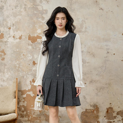 奢姿大码女装2025冬季减龄百褶拼接连衣裙胖妹妹喇叭袖时尚裙子9954853690 商品图4