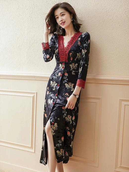 「断码清仓」轻奢金丝绒蕾丝拼接碎花连衣裙L码 ZFYY079 商品图2