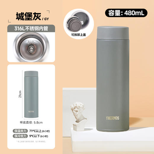 THERMOS 膳魔师 高真空不锈钢保温杯 TCOQ-480S GY 480ml 直饮杯 城堡灰 商品图1